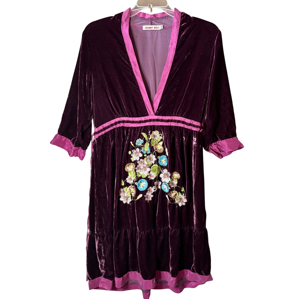 Johnny‎ Was Velvet Dress XS Whimsigoth Peasant Embroidered Silk Blend Floral